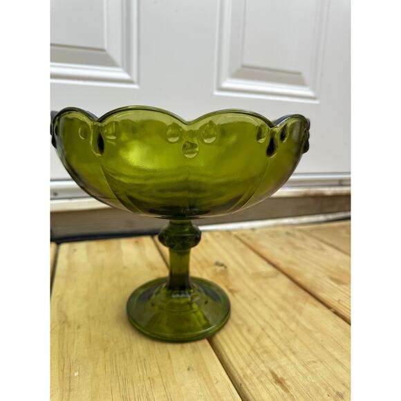 Vtg Indiana Glass Teardrop Green Compote Fruit Pedestal Bowl Centerpiece - Picture 2 of 4